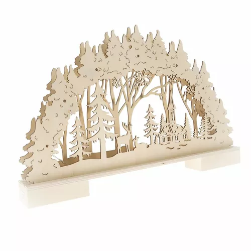 Świąteczna dekoracja drewniana LED Jelenie i kościółek brązowy, 41 x 26 x 5 cm