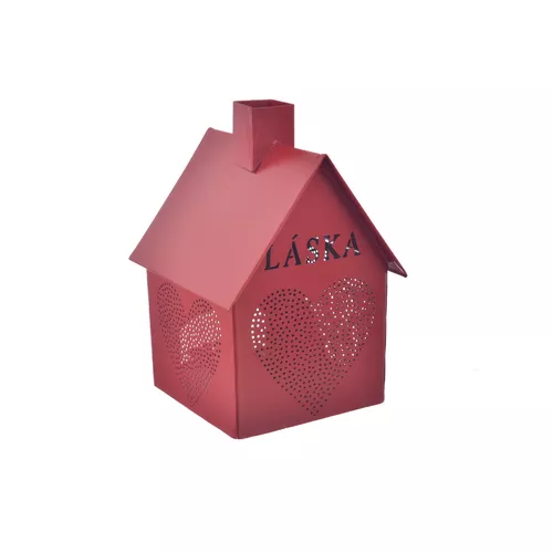 InDecor Metalowy świecznik House - Love czerwony,12 x 12 x 17 cm